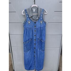 VTG 90s Diva Embellished Maxi Overall Denim Dress Bib Jumper Boho Y2K Grunge S